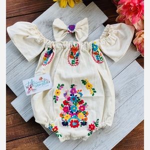 Beige Mexican Floral Romper, Size 12 months
